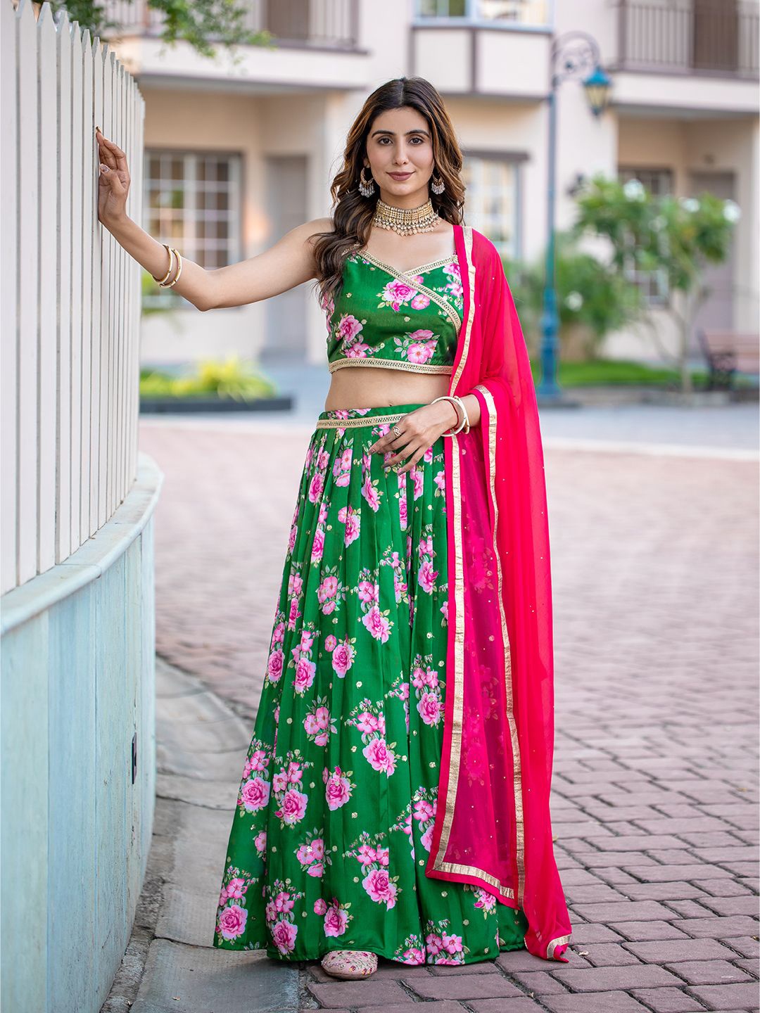 

BAPS Printed Ready to Wear Lehenga & Unstitched Blouse With Dupatta, Green
