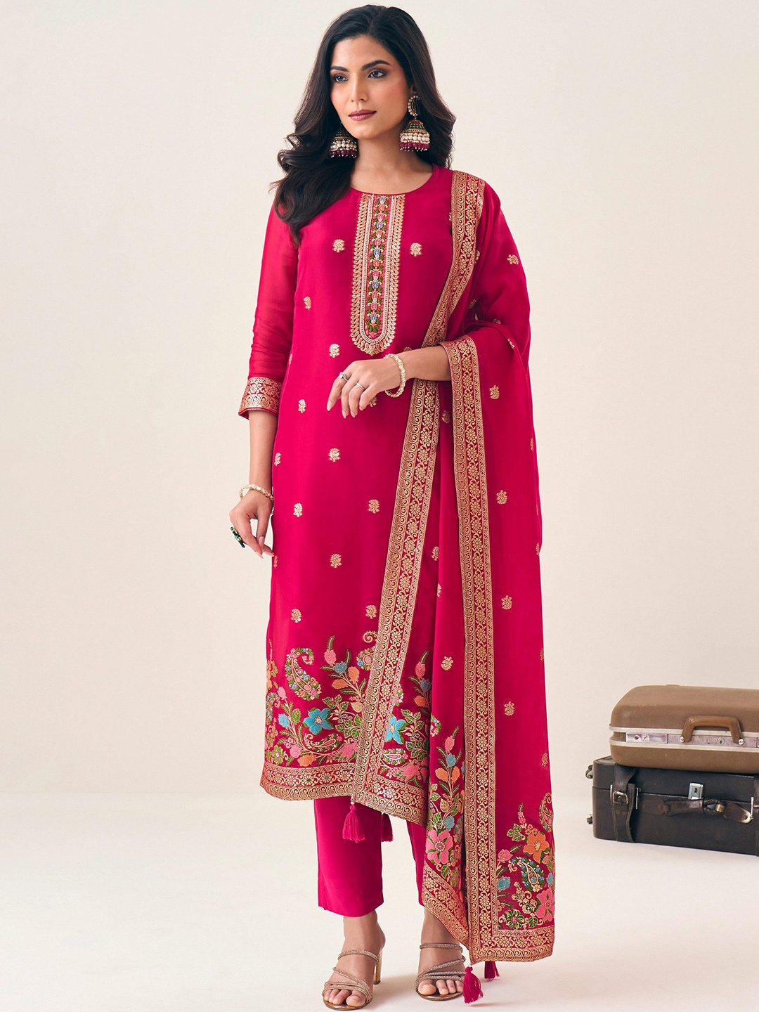 

all about you Floral Embroidered Organza Regular Straight Kurta with Trousers & Dupatta, Pink