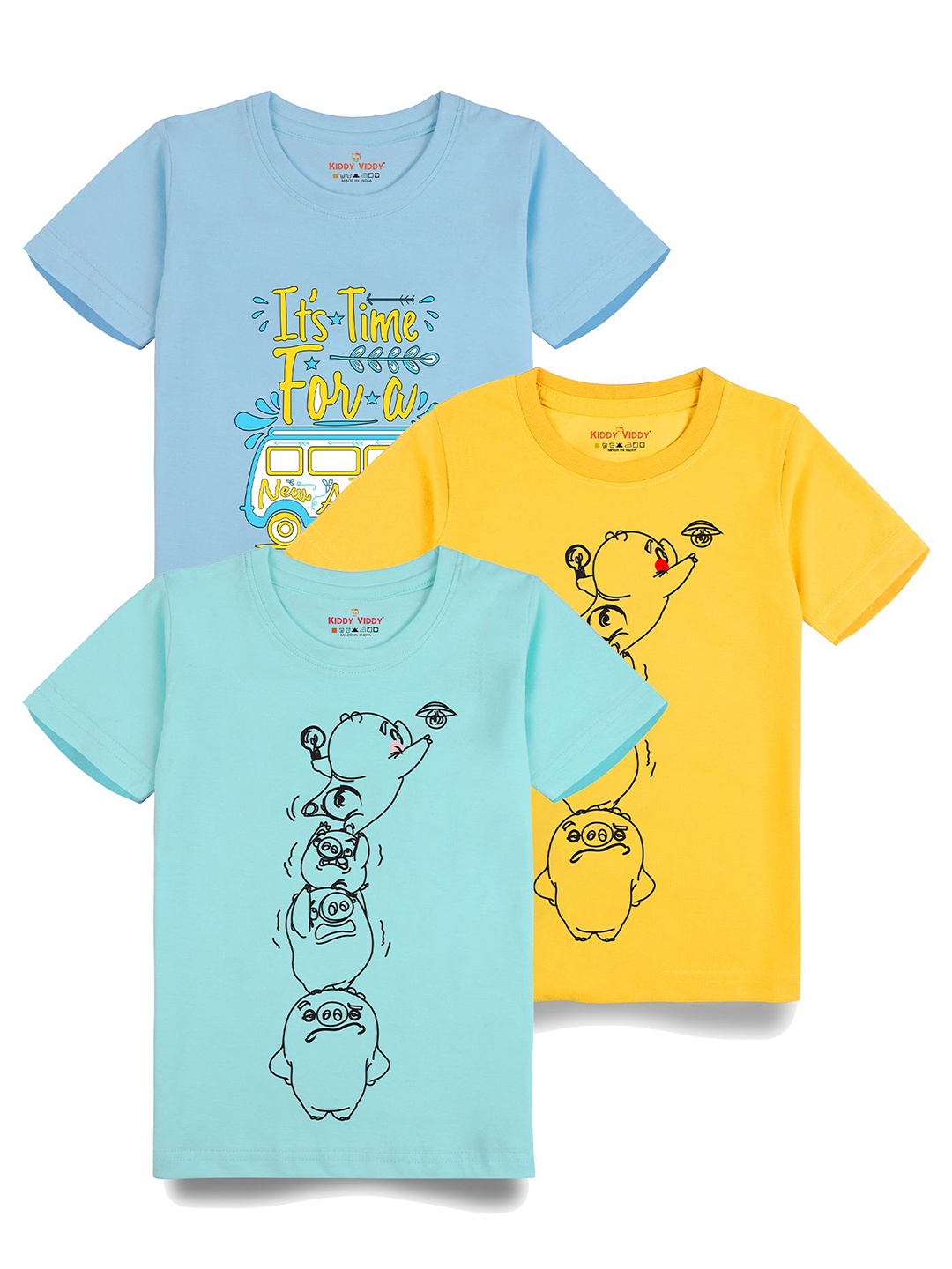 

Kiddy Viddy Boys Pack Of 3 Typography Printed Round Neck Cotton T-shirts, Blue