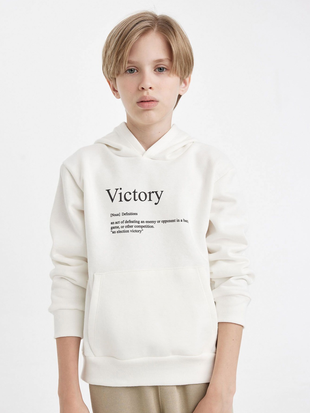 

DeFacto Boys Typography Printed Cotton Hooded Pullover, White