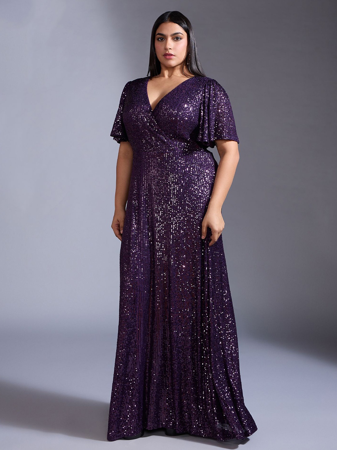 

20Dresses Women Plus Size Embellished Flared Sleeve Fit & Flare Maxi Dress, Purple