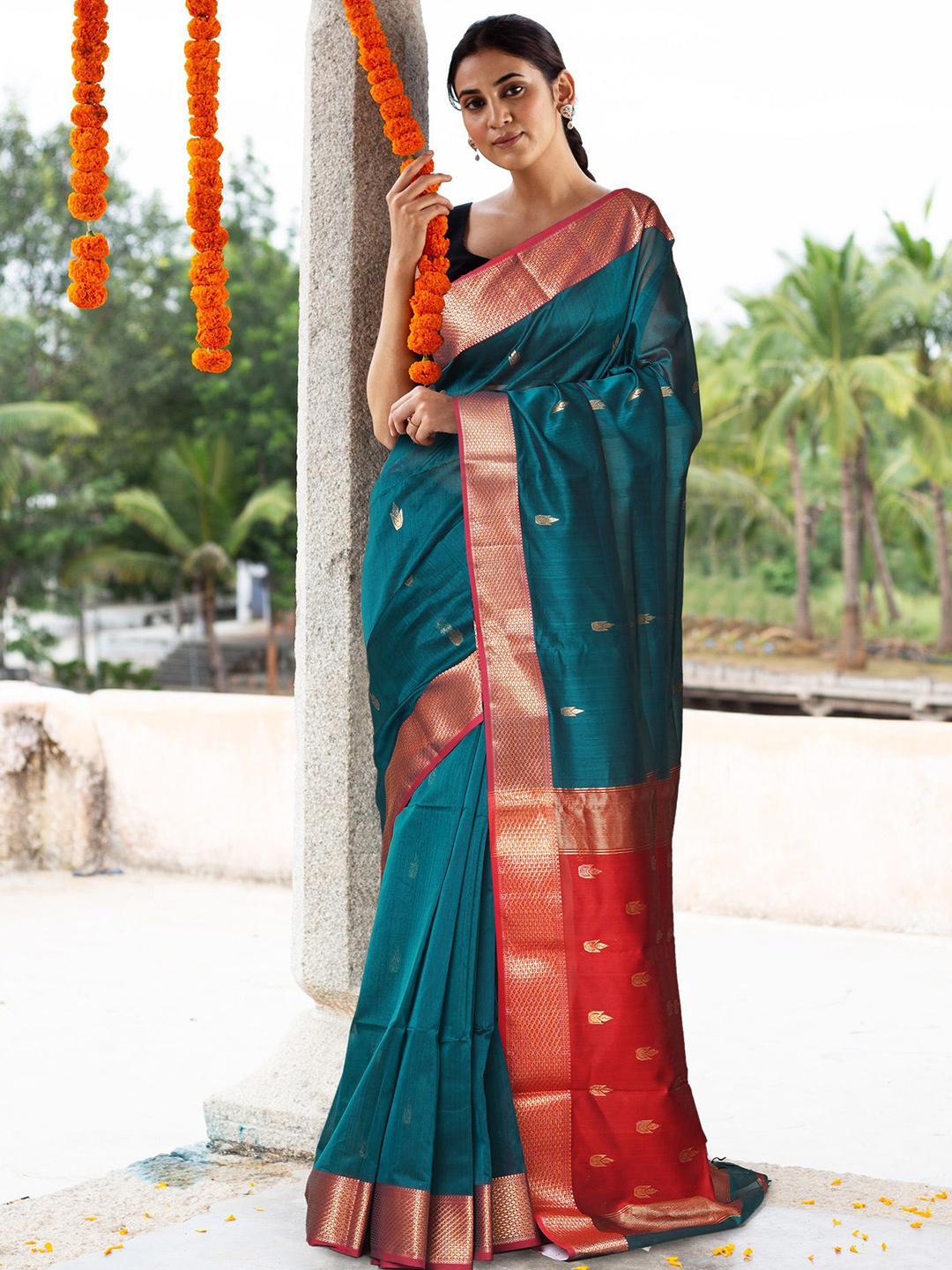 

Unnati Silks Woven Design Zari Handloom Maheshwari Saree, Green