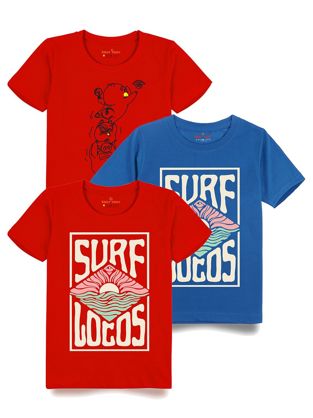 

Kiddy Viddy Boys Pack Of 3 Typography Printed Round Neck Cotton T-shirts, Blue