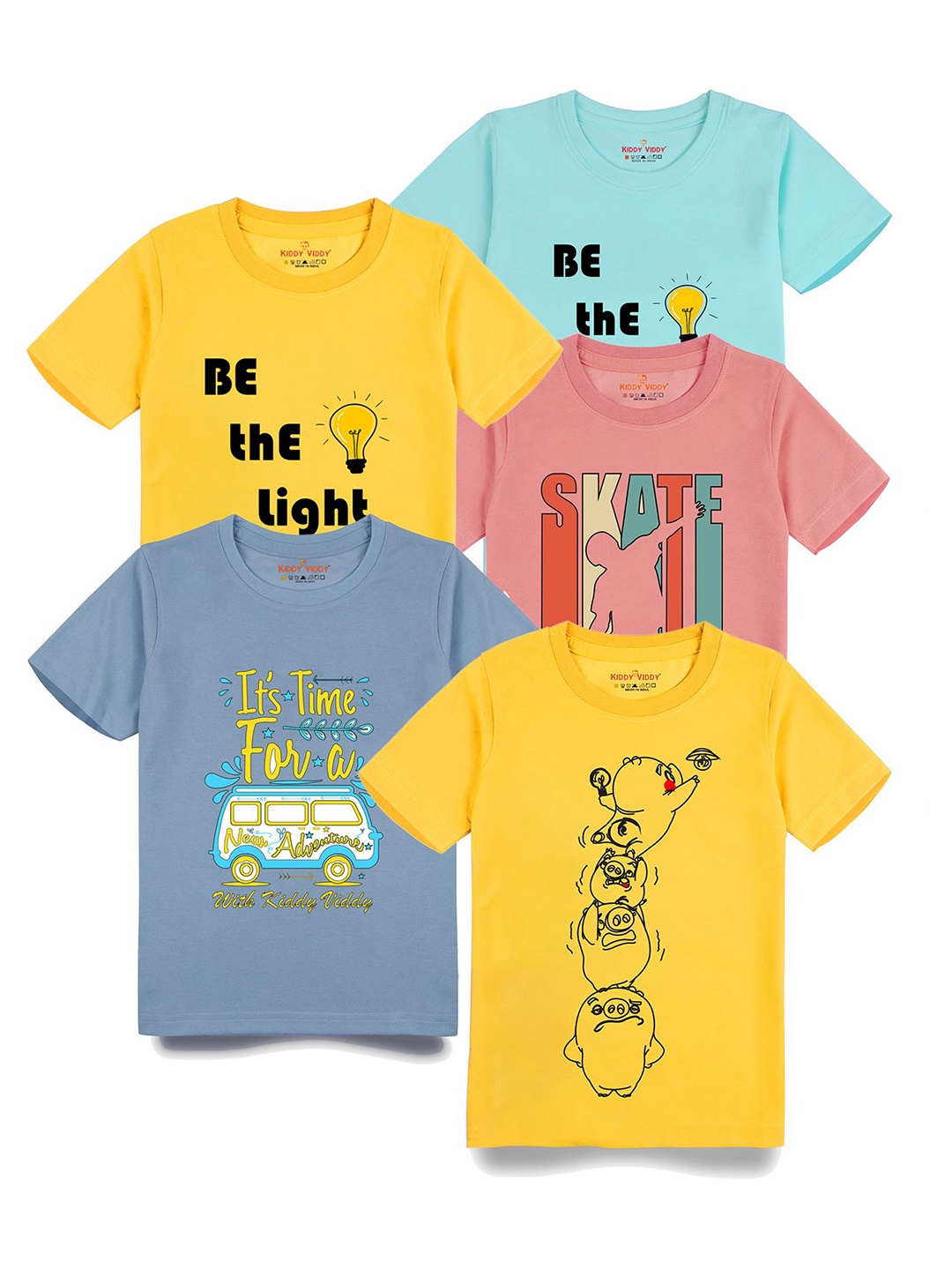 

Kiddy Viddy Boys Pack Of 5 Typography Printed Round Neck Cotton T-shirts, Yellow