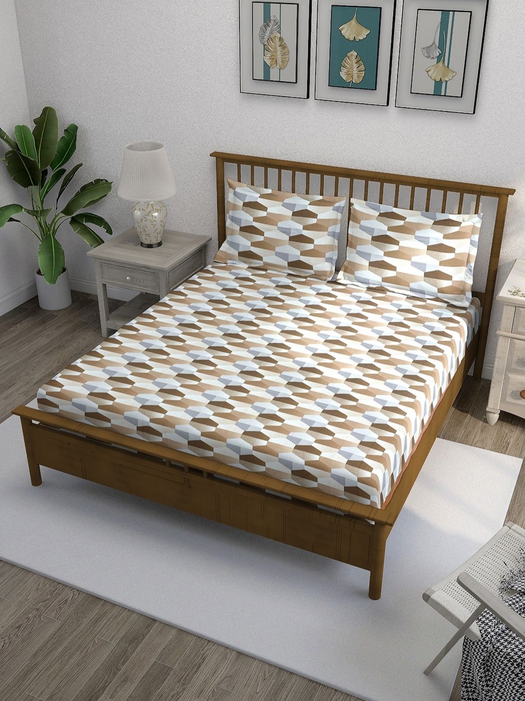 

SWAYAM Ananda Beige Printed Pure Cotton 210 TC King Bedsheet Set 2.74 x 2.28m