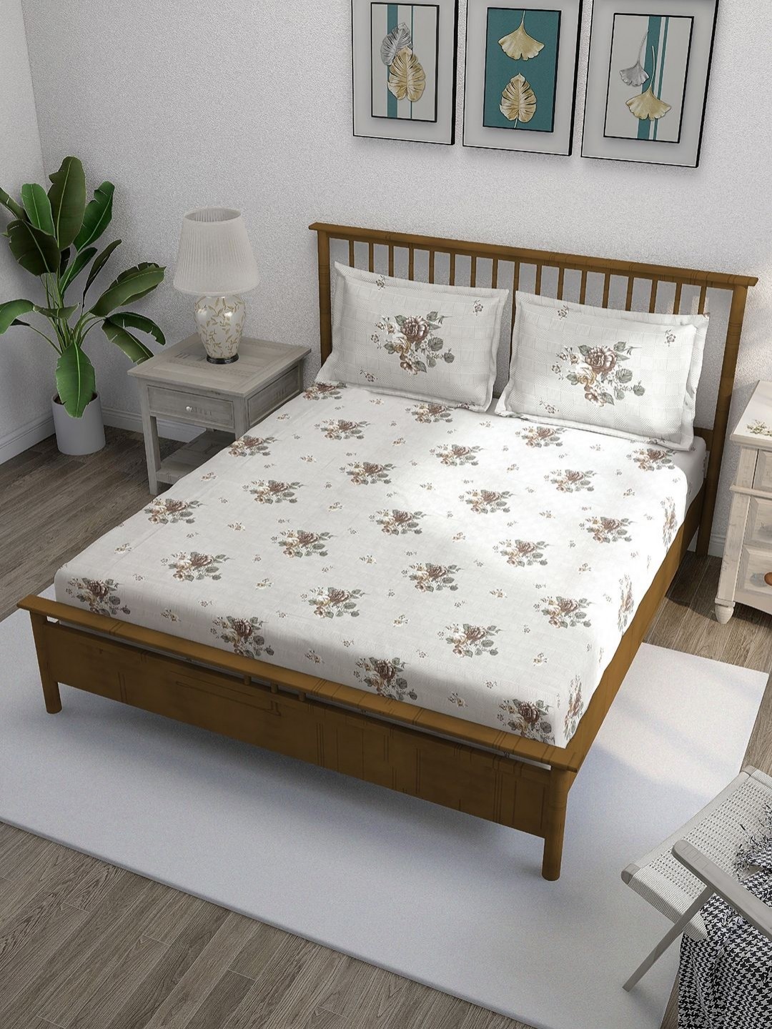 

SWAYAM Ananda Beige Printed Pure Cotton 210 TC Fitted Queen Bedsheet Set 1.98 x 1.82m