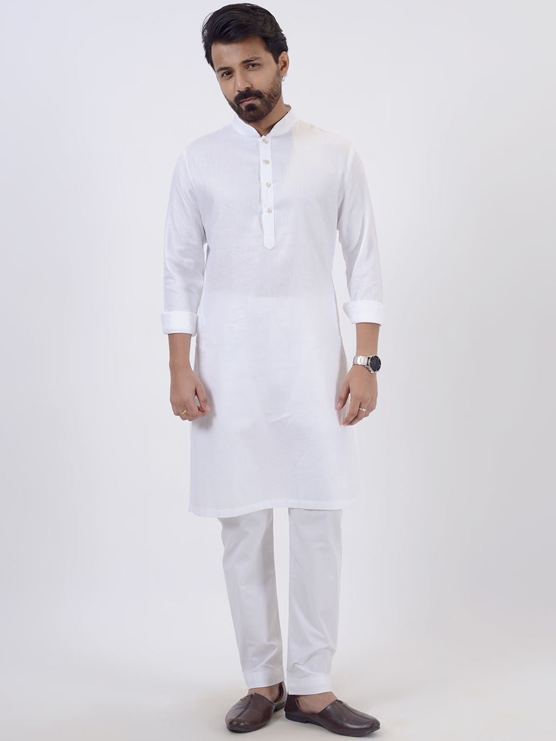 

azania Mandarin Collar Linen Straight Kurta With Trousers, White