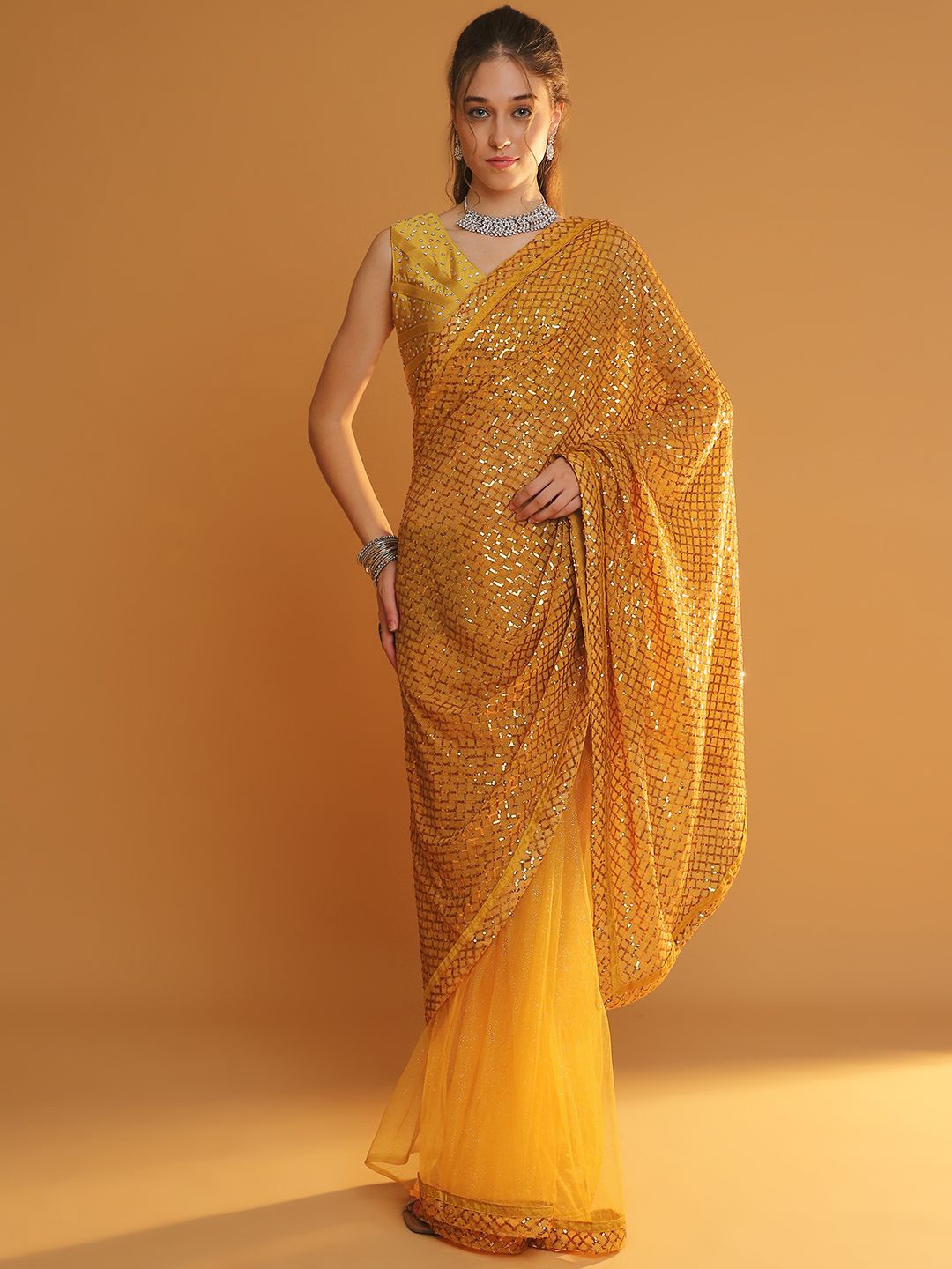 

Grancy Embellished Sequinned Net Saree, Mustard