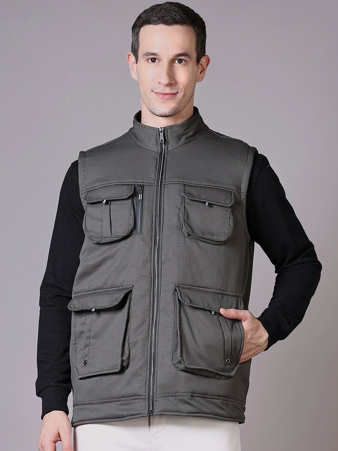 

V-Mart Men Bomber with Patchwork Jacket, Grey