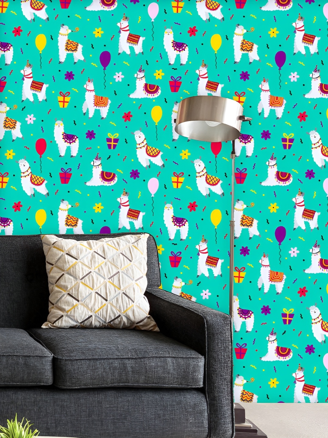 

ArtzFolio Printed UV-Resistant Anti-Bacterial Lamas & Balloons Peel & Stick Wallpaper, Multi