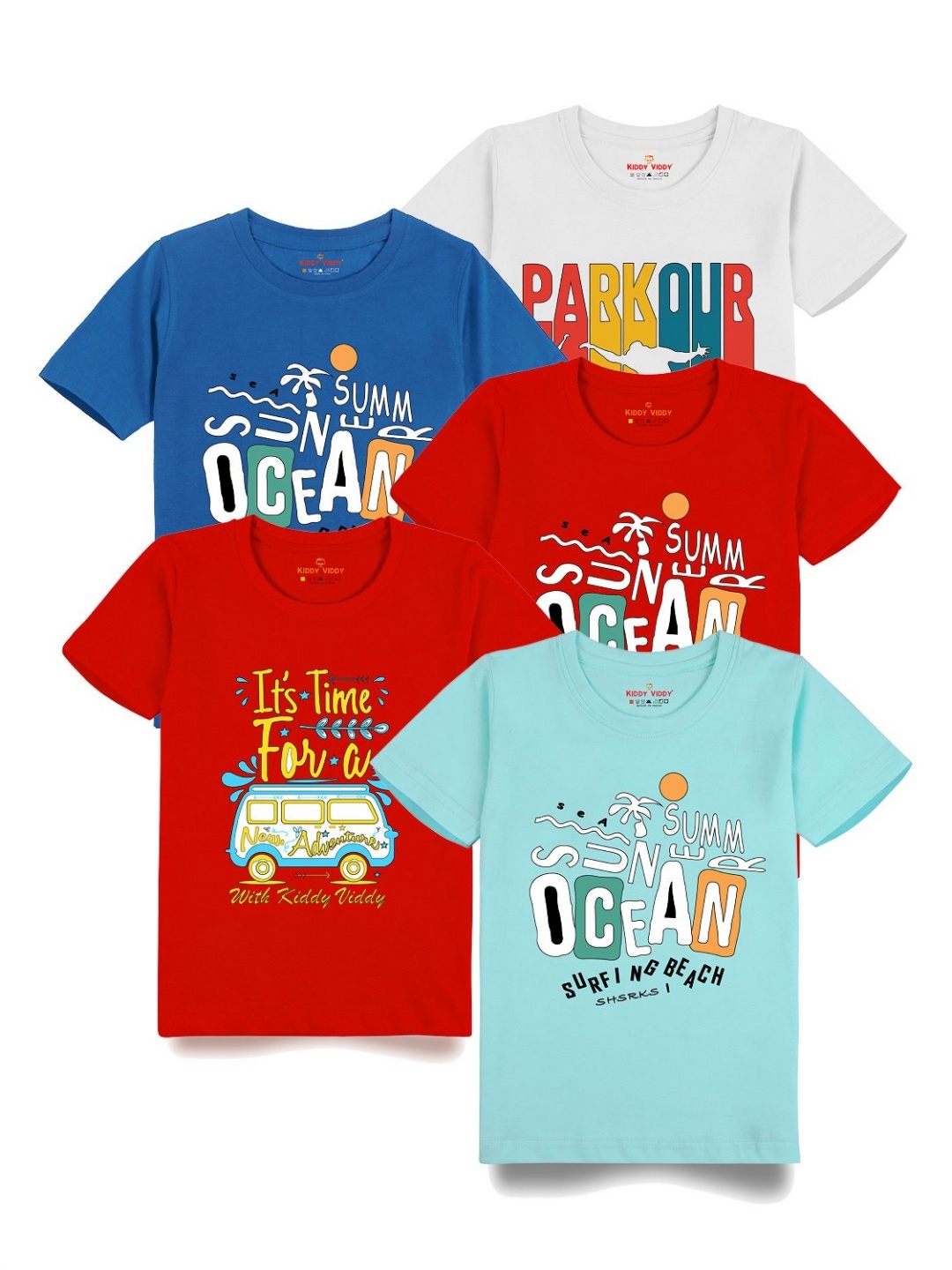 

Kiddy Viddy Boys Pack Of 5 Typography Printed Round Neck Cotton T-shirts, Blue