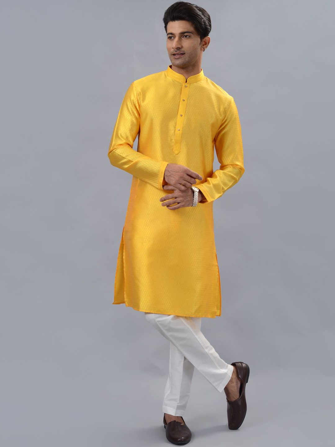 

azania Mandarin Collar Straight Kurta With Pyjama, Yellow