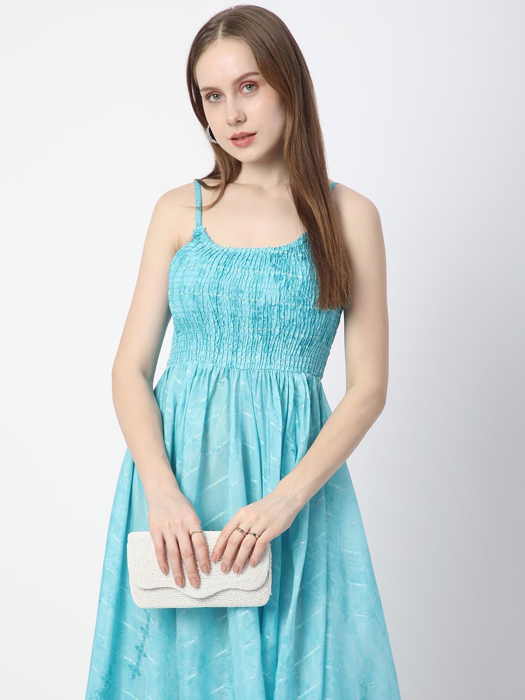 

R&B Printed Shoulder Straps Smocked Fit & Flare Midi Dress, Blue