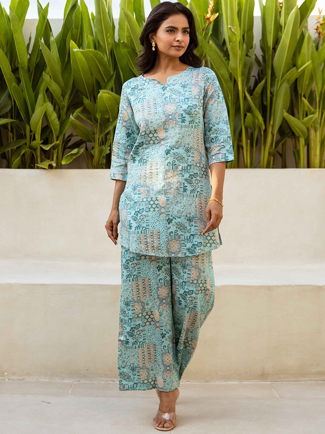 

HUKUM Floral Printed Round Neck Three-Quarter Sleeves Top With Palazzo, Blue