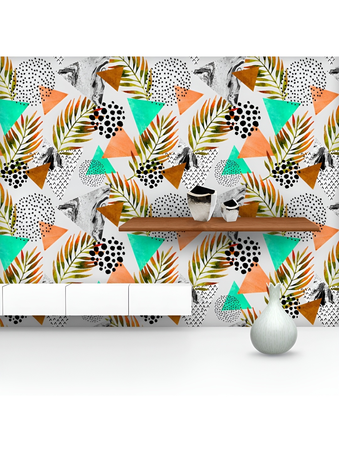 

ArtzFolio Printed UV-Resistant Anti-Bacterial Triangles Palm Leaves Peel & Stick Wallpaper, Multi