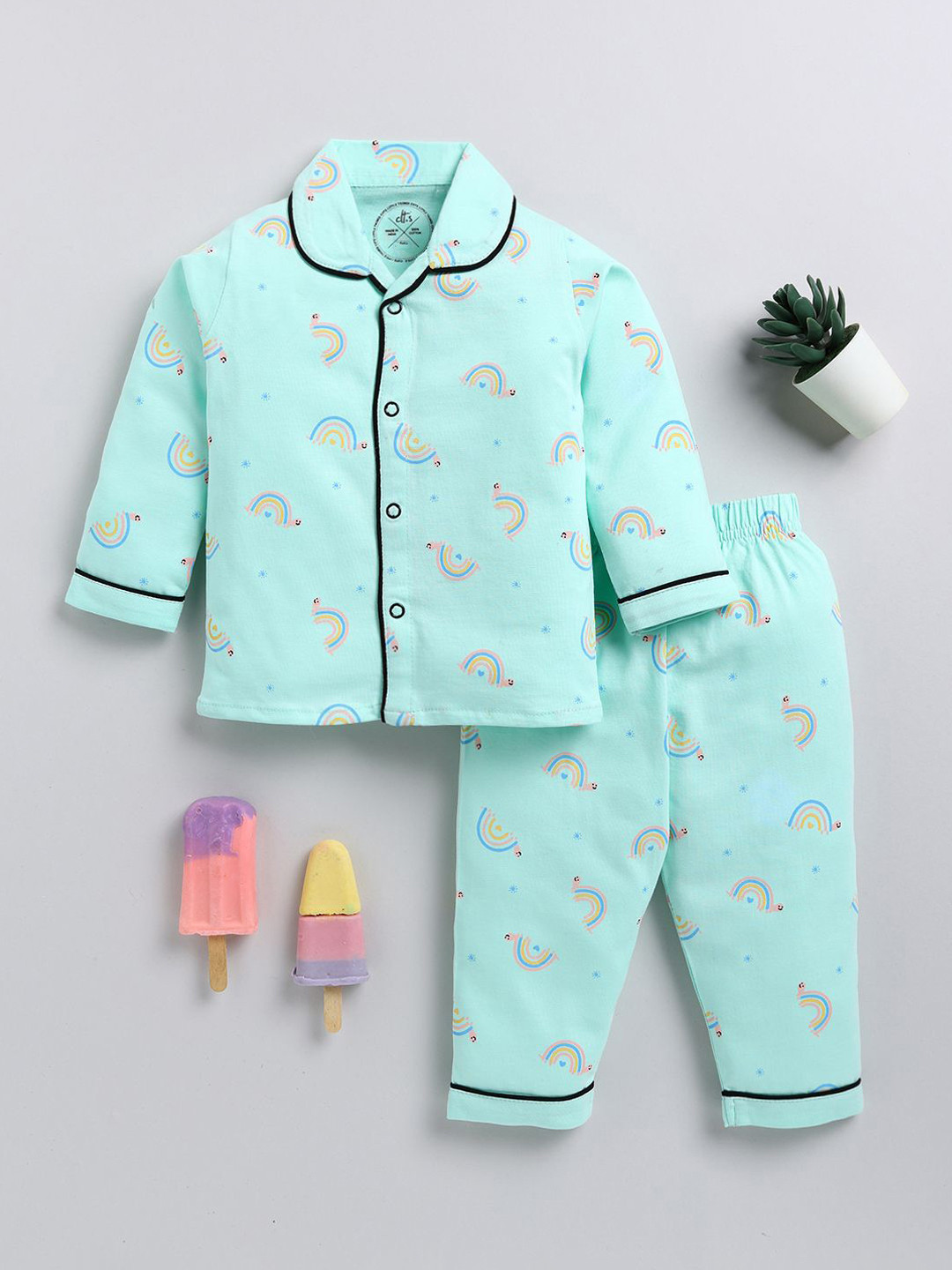 

Clt.s Kids Printed Shirt Collar Pure Cotton Night Suit, Sea green
