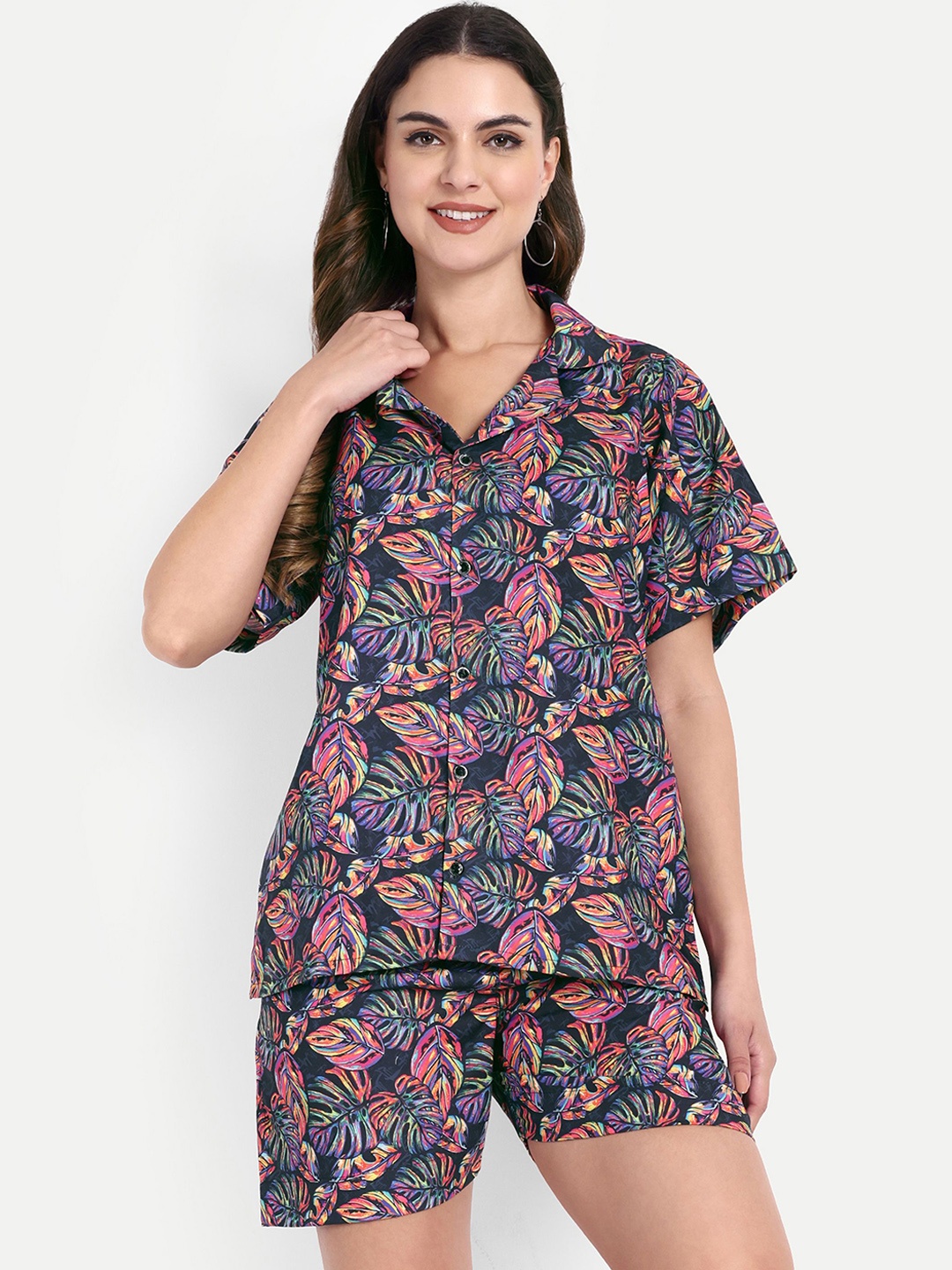 

TILISM Floral Printed Pure Cotton Shirt With Shorts Co-Ords, Black