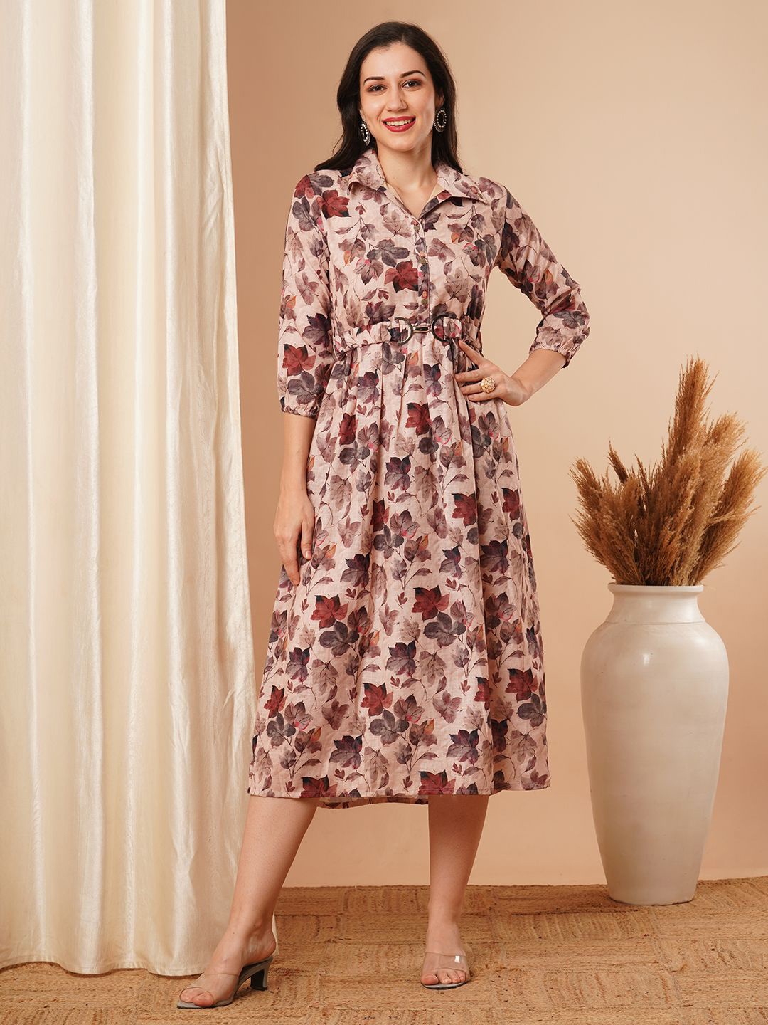 

FASHOR Women Floral Printed Puff Sleeve A-Line Dress, Cream