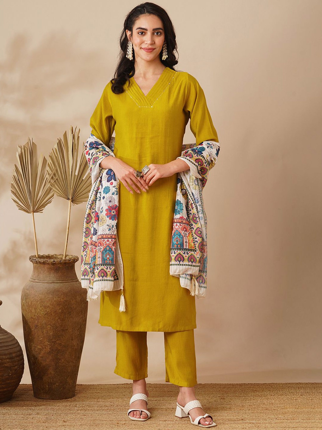 

FASHOR V-Neck Kantha Work Straight Kurta With Trousers & Dupatta, Mustard