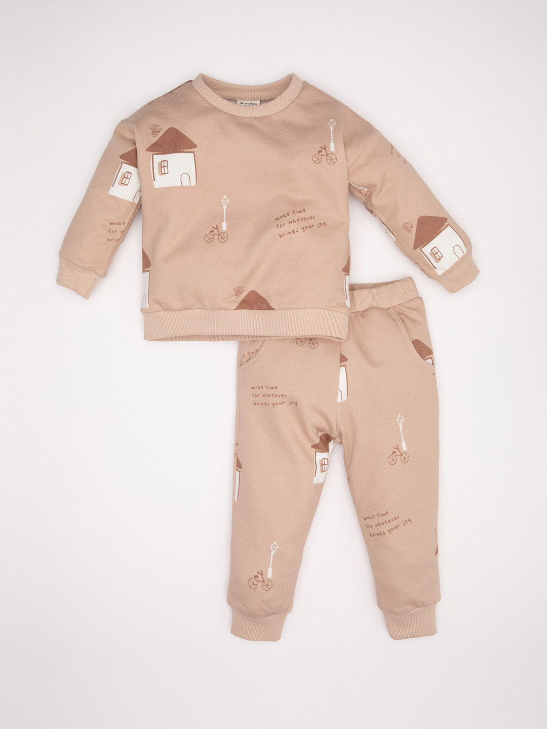 

DeFacto Boys Printed Round Neck Long Sleeves Pure Cotton Sweatshirt With Jogger, Beige