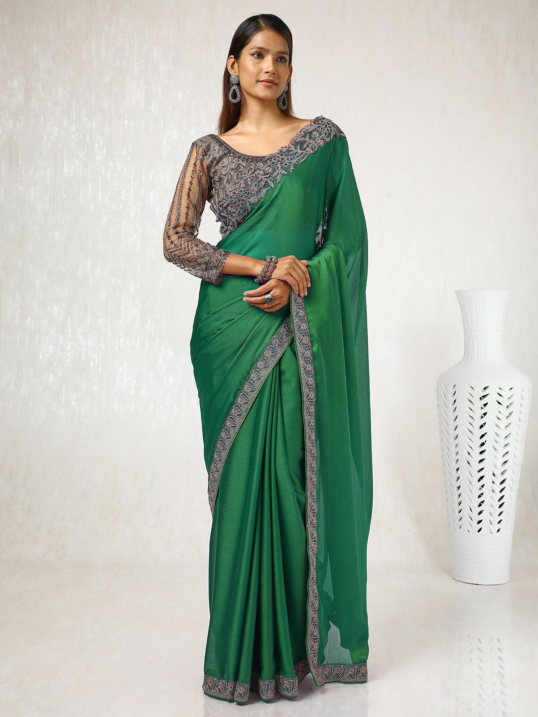 

Soch Embroidered Pure Chiffon Saree, Green