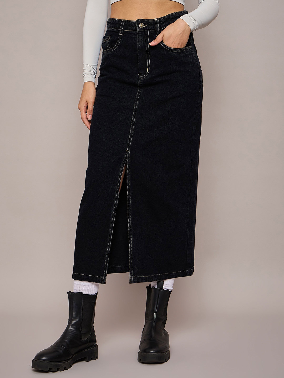 

SASSAFRAS BASICS Women Denim Front-Slit A-Line Midi Skirt, Black