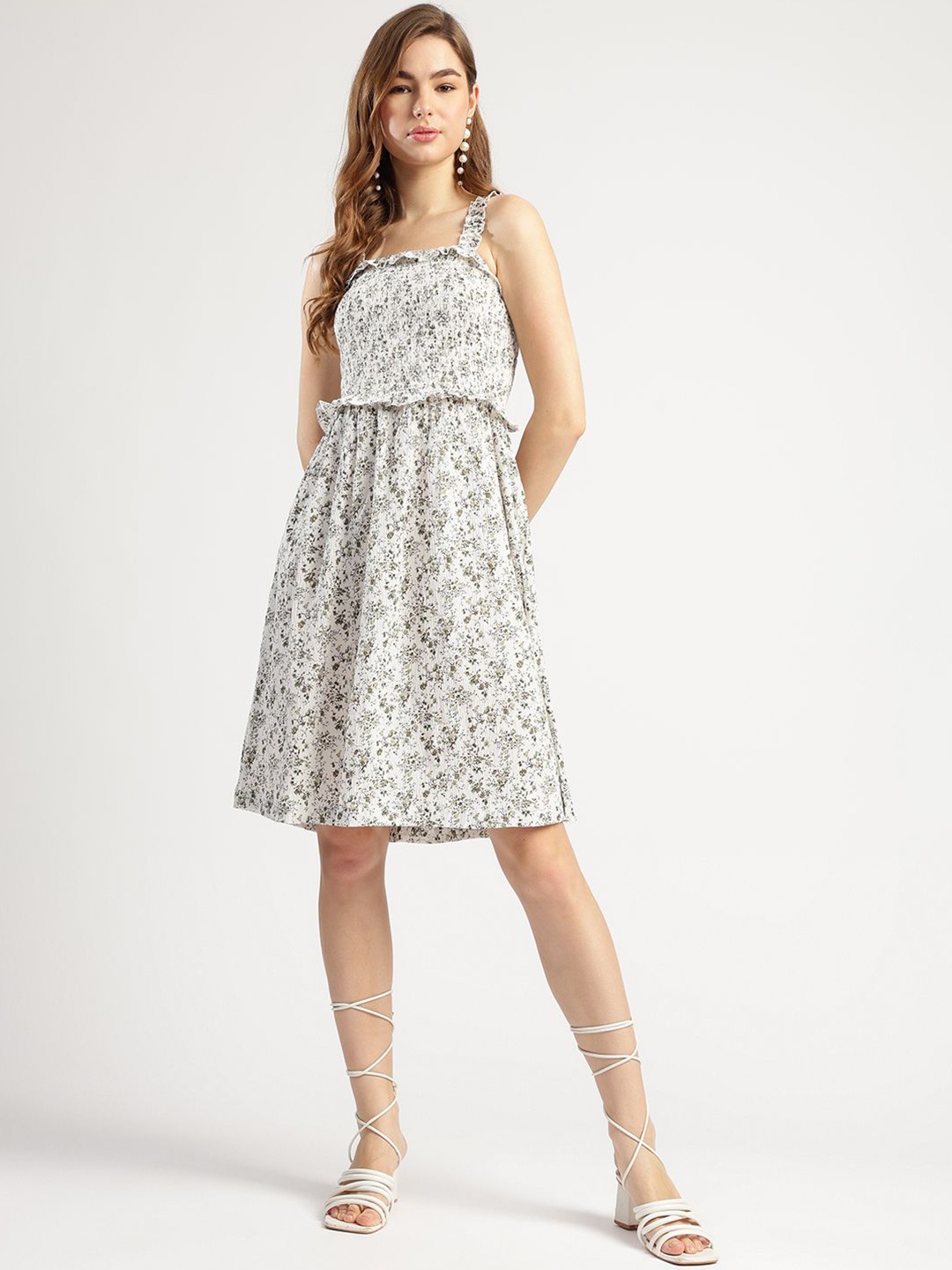 

T TRYON ULTIMATE Women Floral Printed Smocked A-Line Dress, White