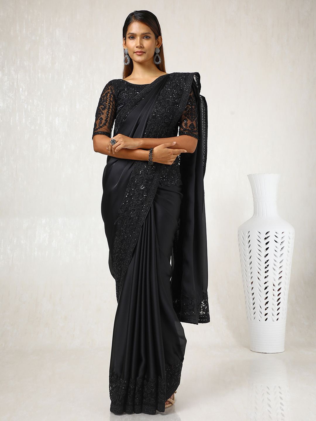 

Soch Embroidered Embellished Pure Crepe Saree, Black