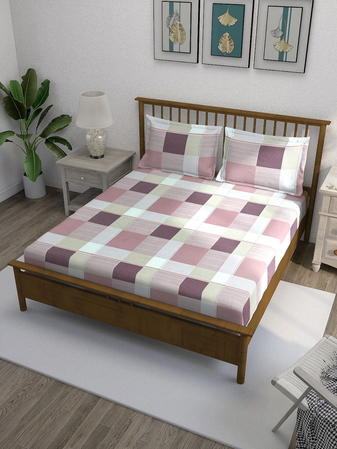 

SWAYAM Ananda Pink Printed Pure Cotton 210 TC Fitted Queen Bedsheet Set 1.98 x 1.82m