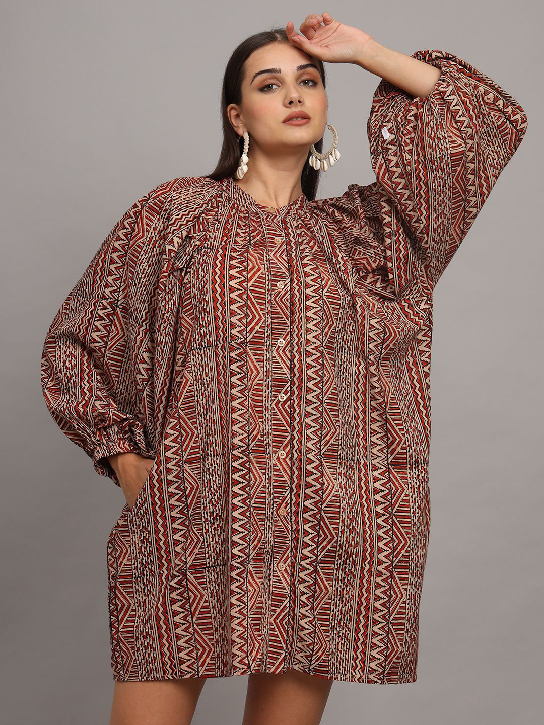 

CHARMGAL Women Tribal Printed A-Line Mini Dress, Maroon