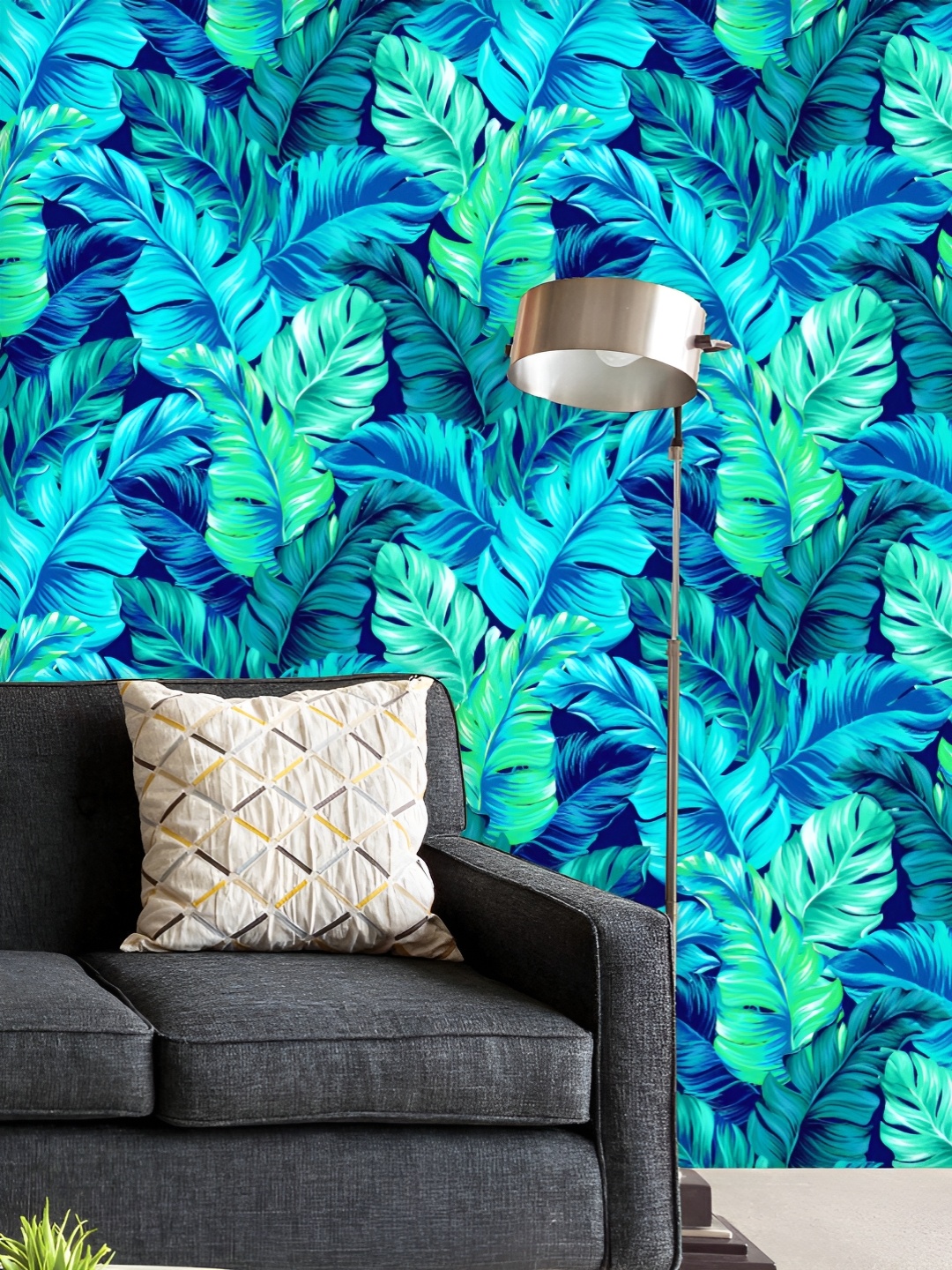 

ArtzFolio Printed UV-Resistant Anti-Bacterial Turquoise Green Tropical Leaves Peel & Stick Wallpaper, Multi