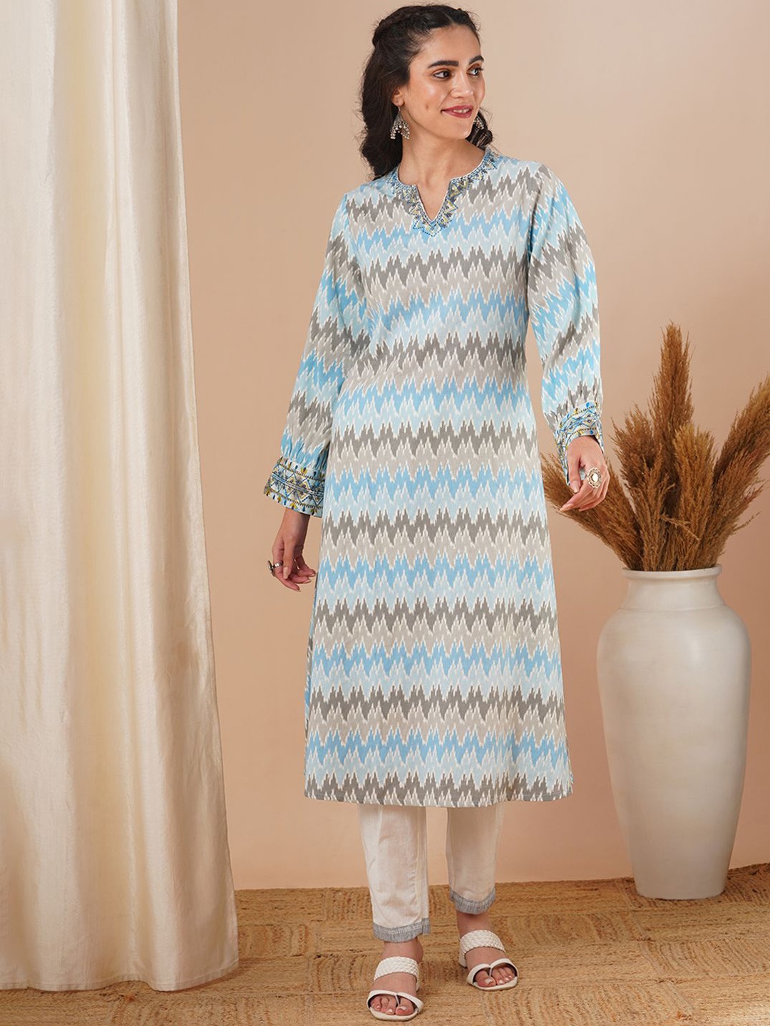 

FASHOR Blue Ethnic Motifs Ikat Printed Thread Work A-Line Cotton Kurta