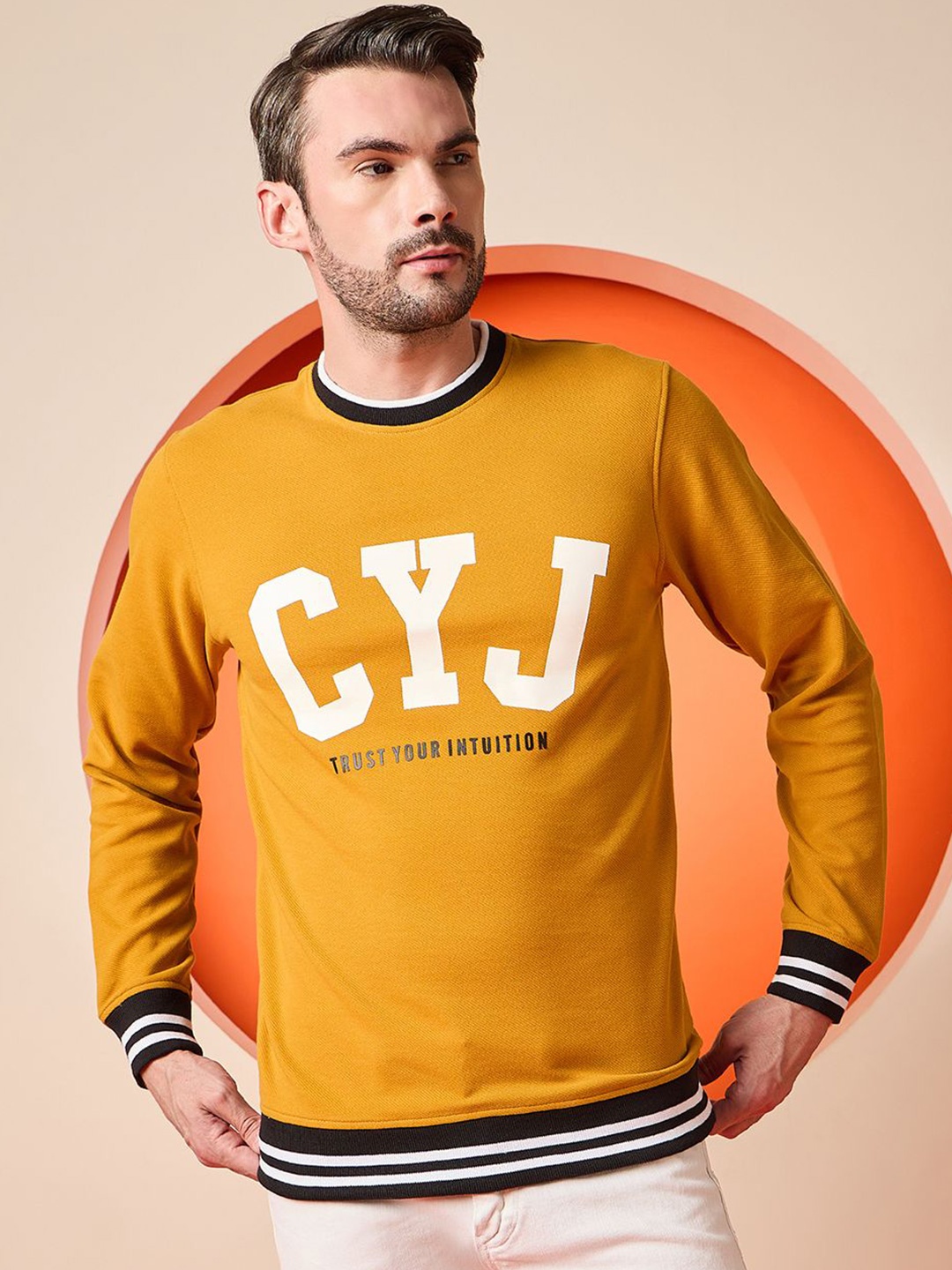 

Club York Men Graphic Printed Round Neck Long Sleeves Sweatshirt, Mustard