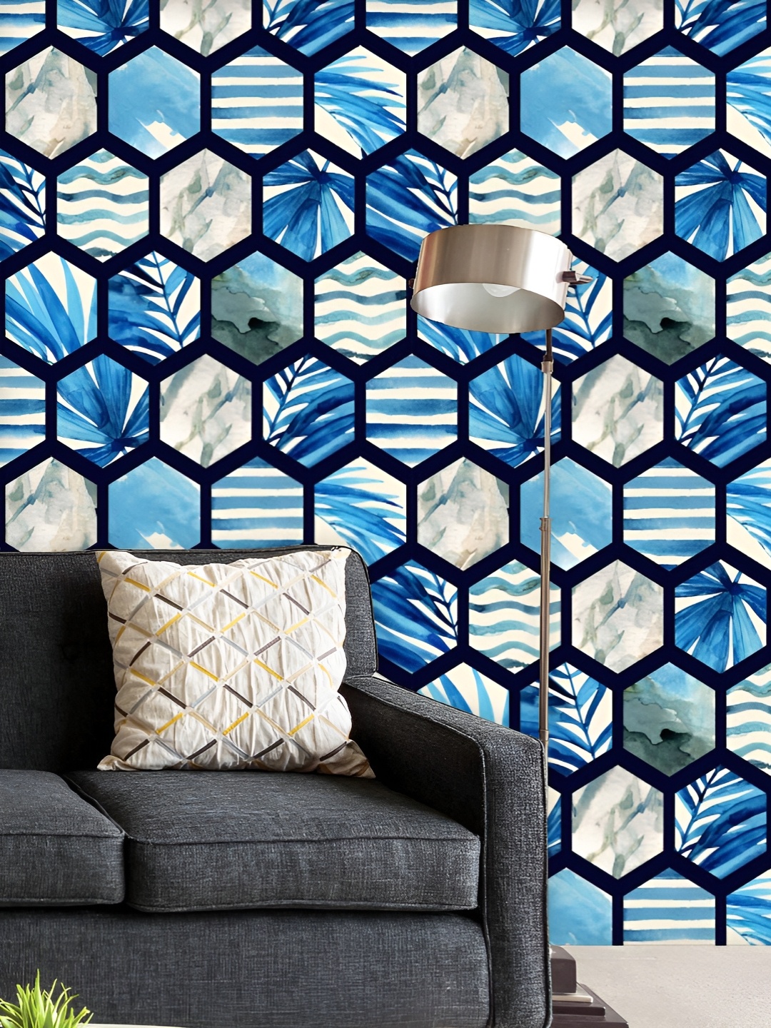 

ArtzFolio Printed UV-Resistant Anti-Bacterial Watercolor Hexagon Palm Leaves Peel & Stick Wallpaper, Multi