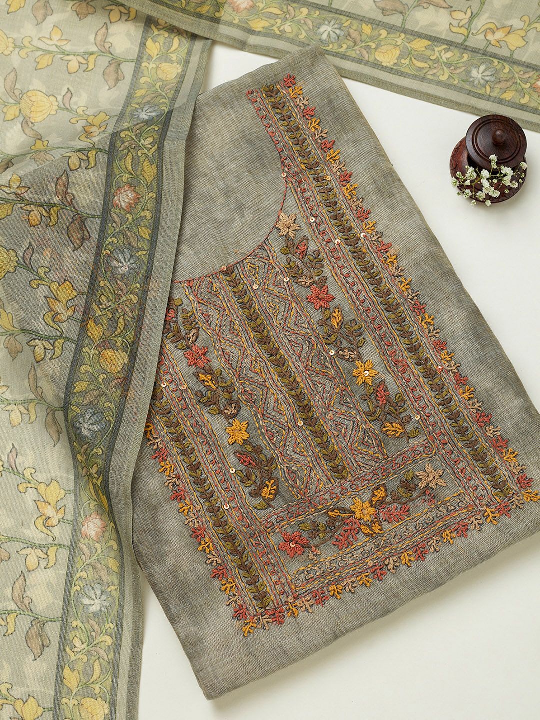

Soch Floral Embroidered Sequinned Linen Unstitched Dress Material, Grey
