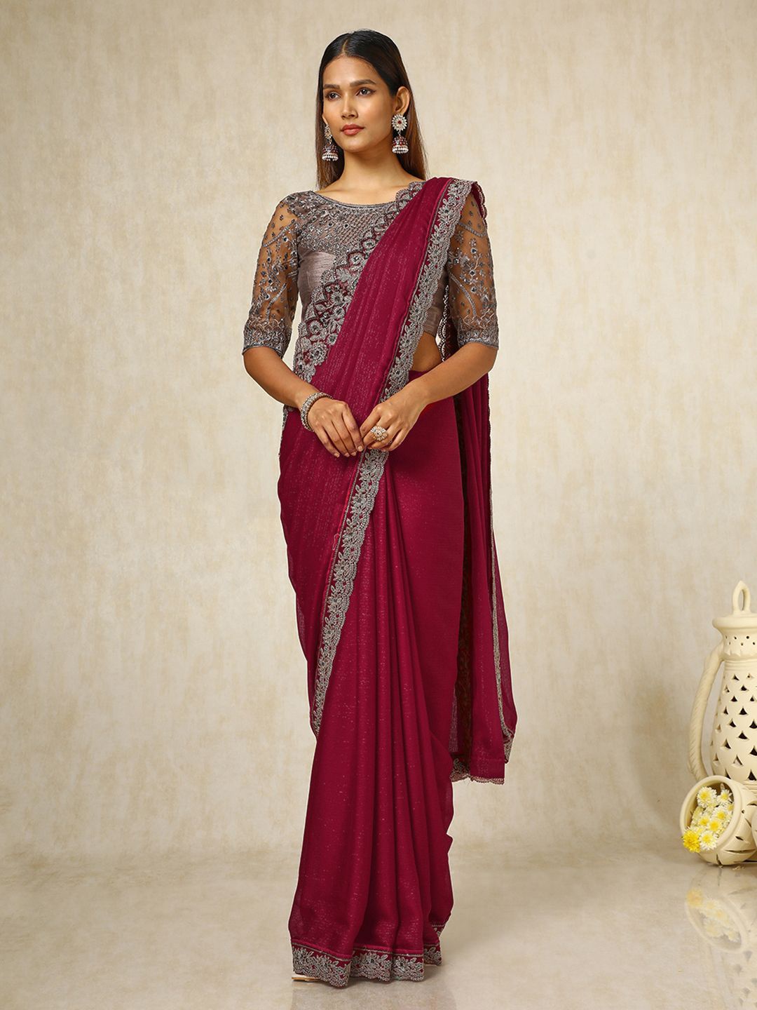 

Soch Embroidered Sequinned Pure Chiffon Saree, Maroon