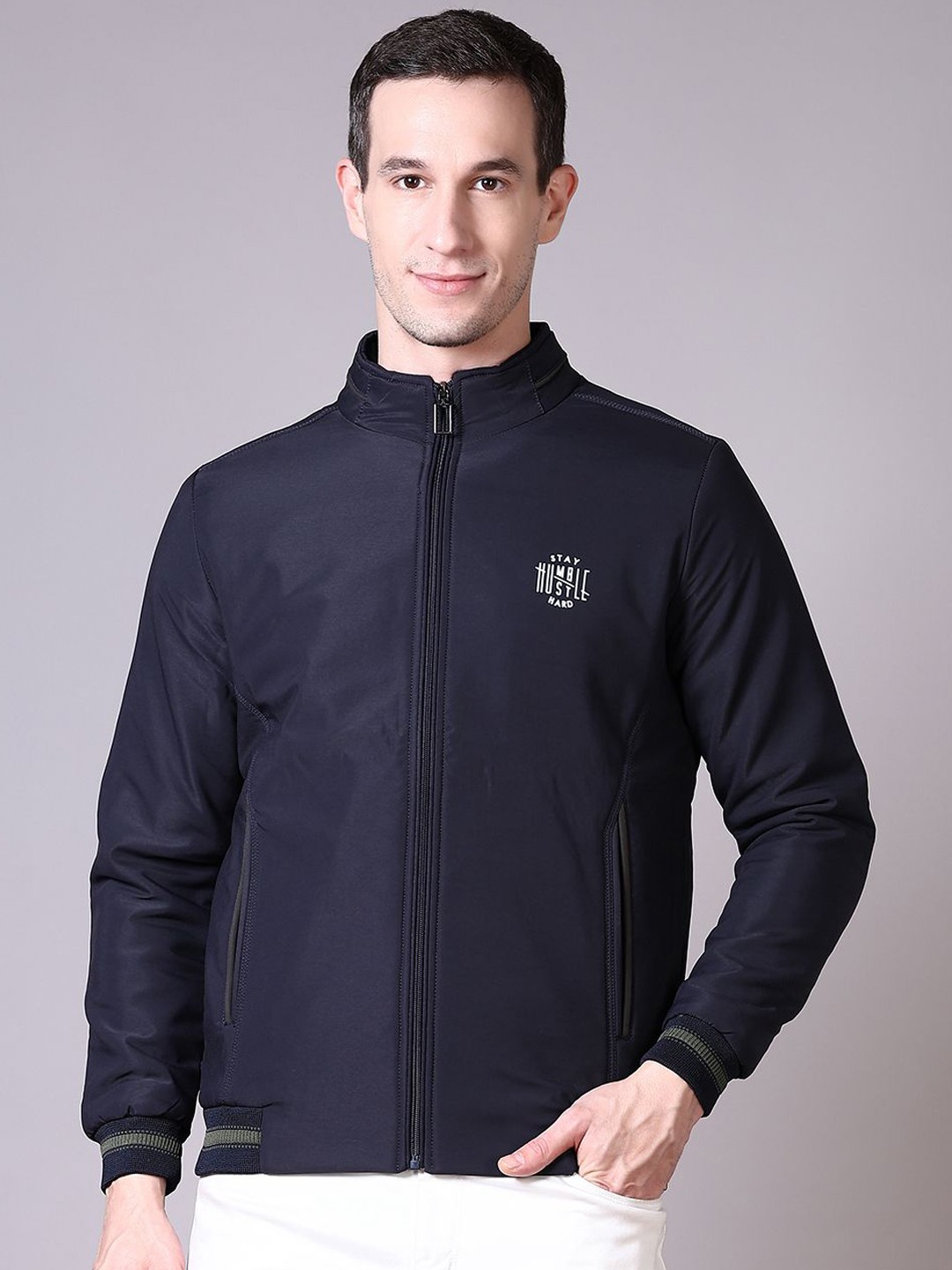 

V-Mart Men Geometric Bomber with Patchwork Jacket, Navy blue