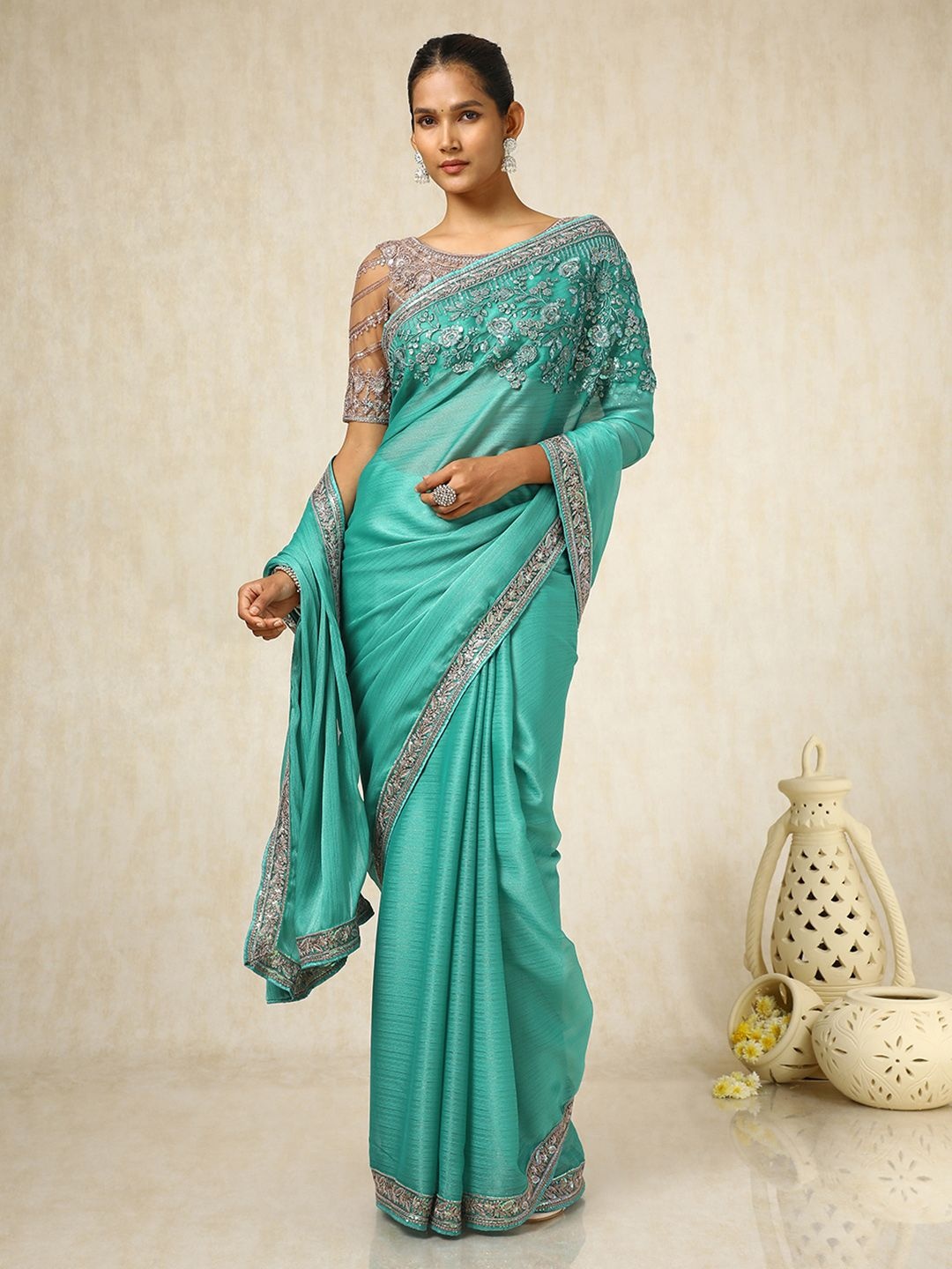 

Soch Women Embellished Pure Chiffon Saree, Sea green