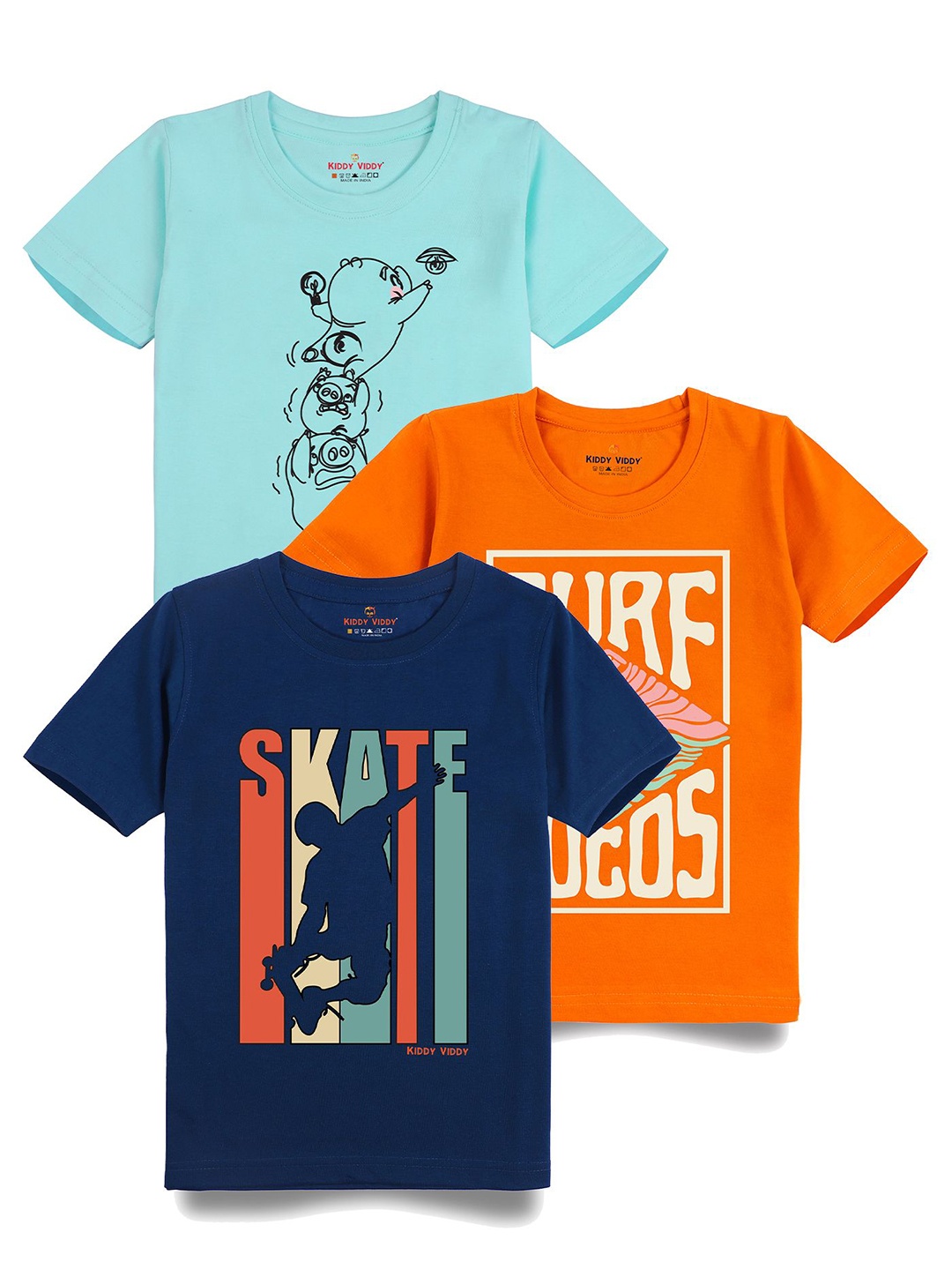 

Kiddy Viddy Boys Pack Of 3 Typography Printed Round Neck Cotton T-shirts, Navy blue
