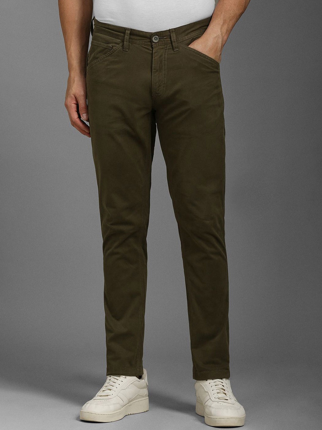 

Louis Philippe Jeans Men Cotton Mid-Rise Slim Fit Trousers, Olive