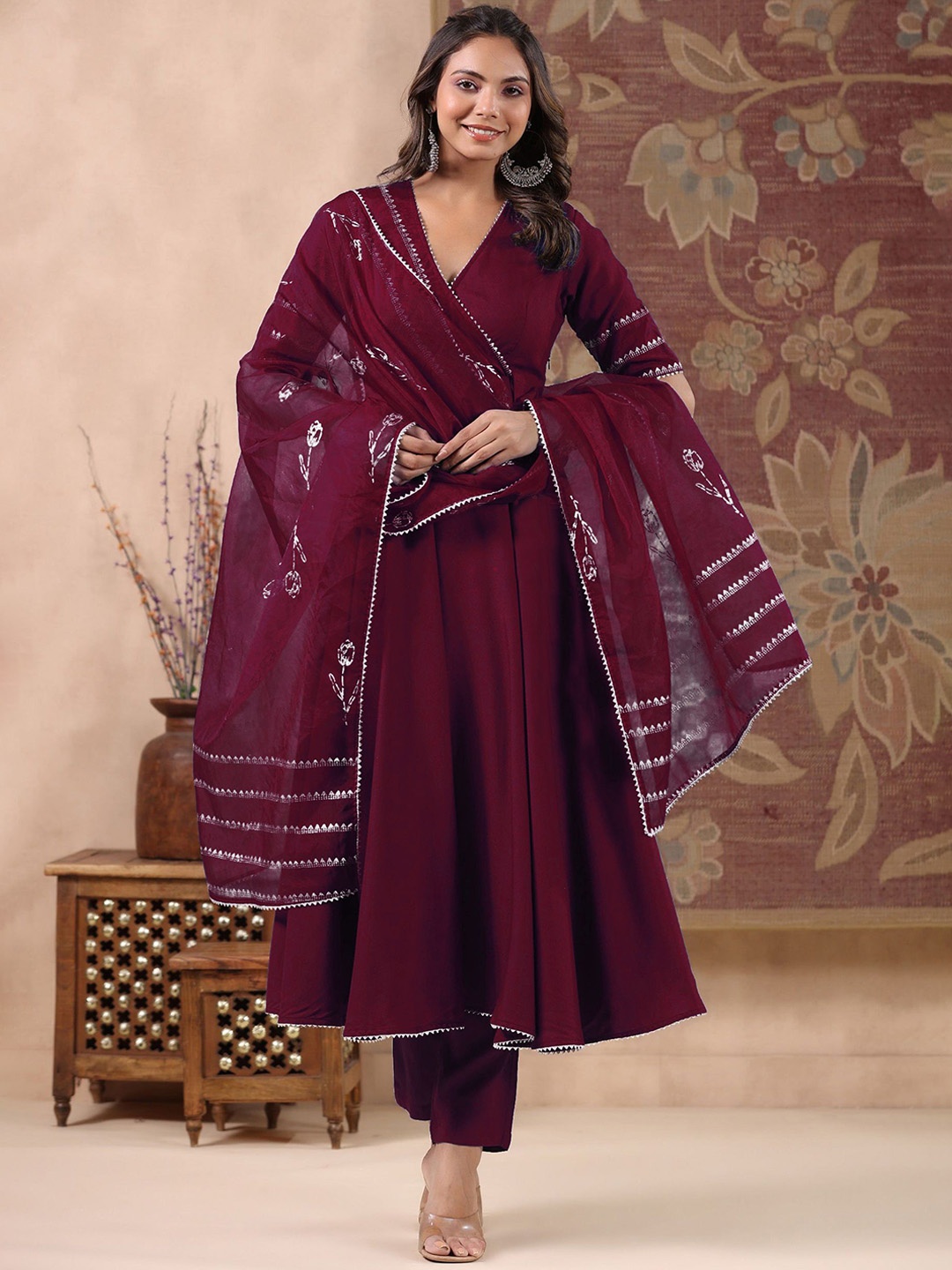 

Anni Designer V-Neck Gotta Patti Anarkali Kurta With Trousers & Dupatta, Maroon