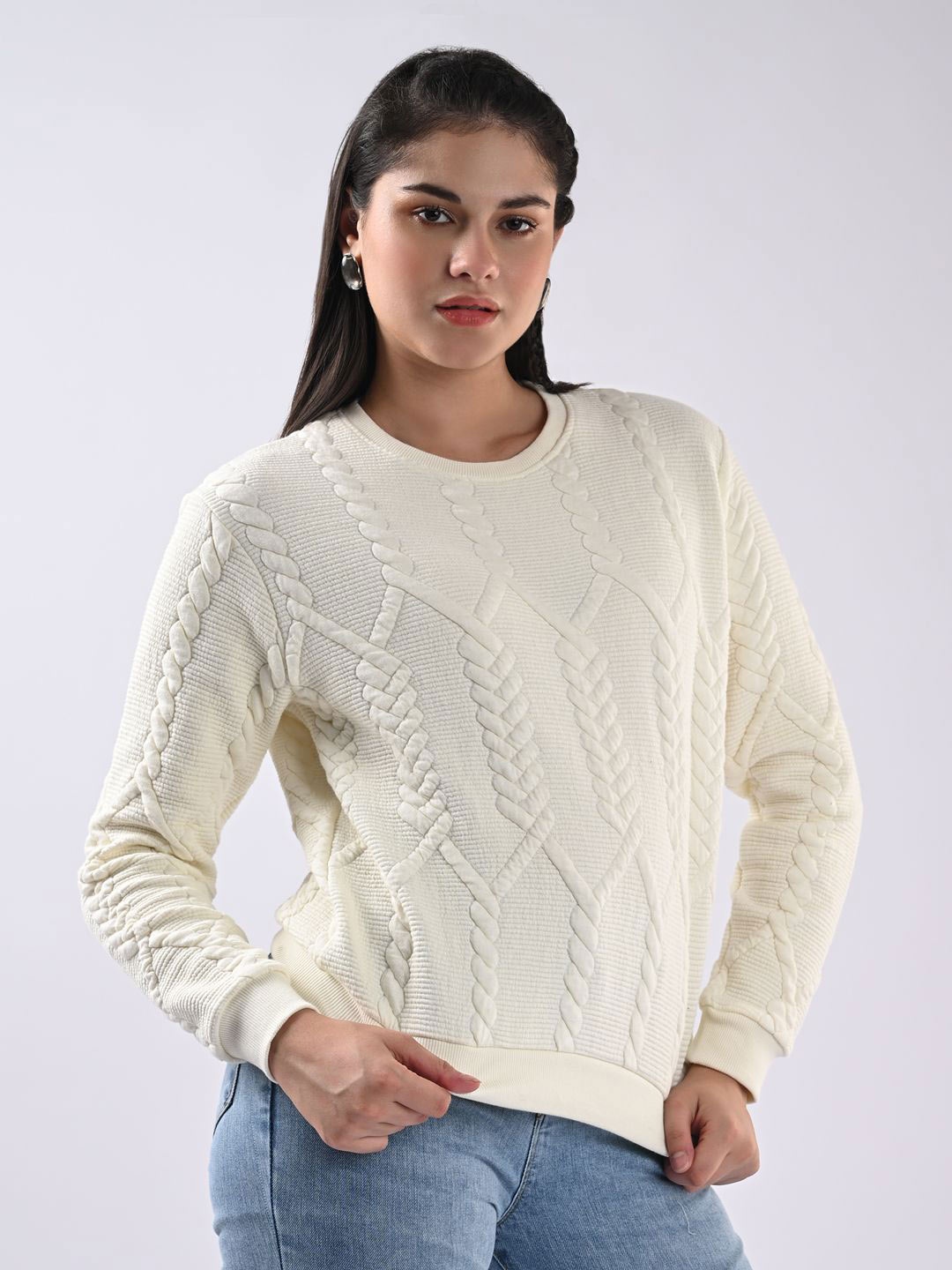 

Kraus Jeans Women Round Neck Cotton Sweatshirt, Off white