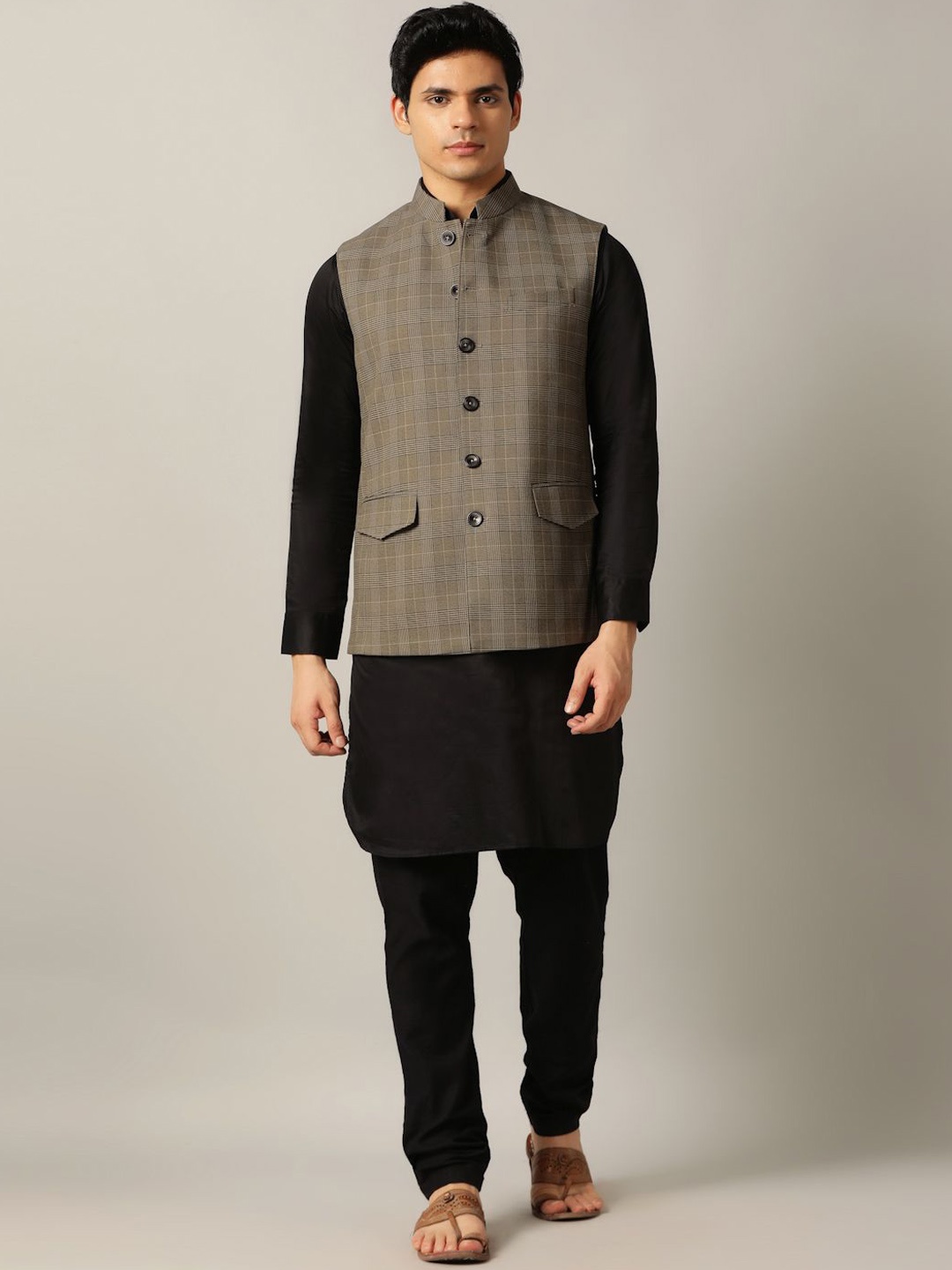 

MODI JACKET Men Checked Tailored Jacket with Patchwork, Brown
