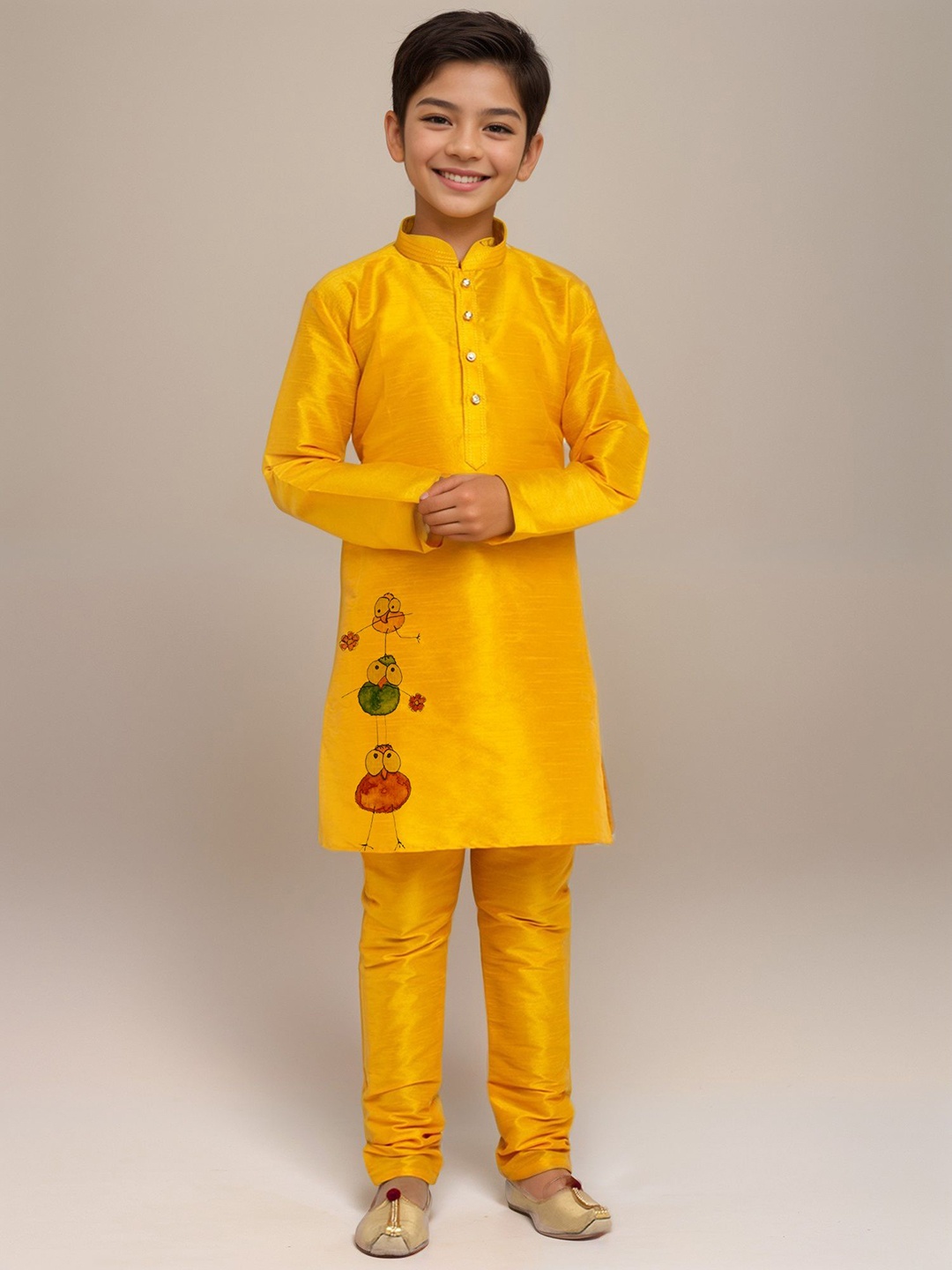 

DEVOILER Boys Animal Printed Dupion Silk Straight Kurta, Mustard