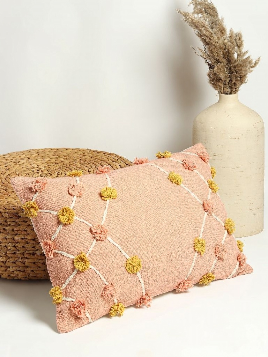 

Art Avenue Peach-Coloured & Yellow Embroidered Rectangle Cushion Covers