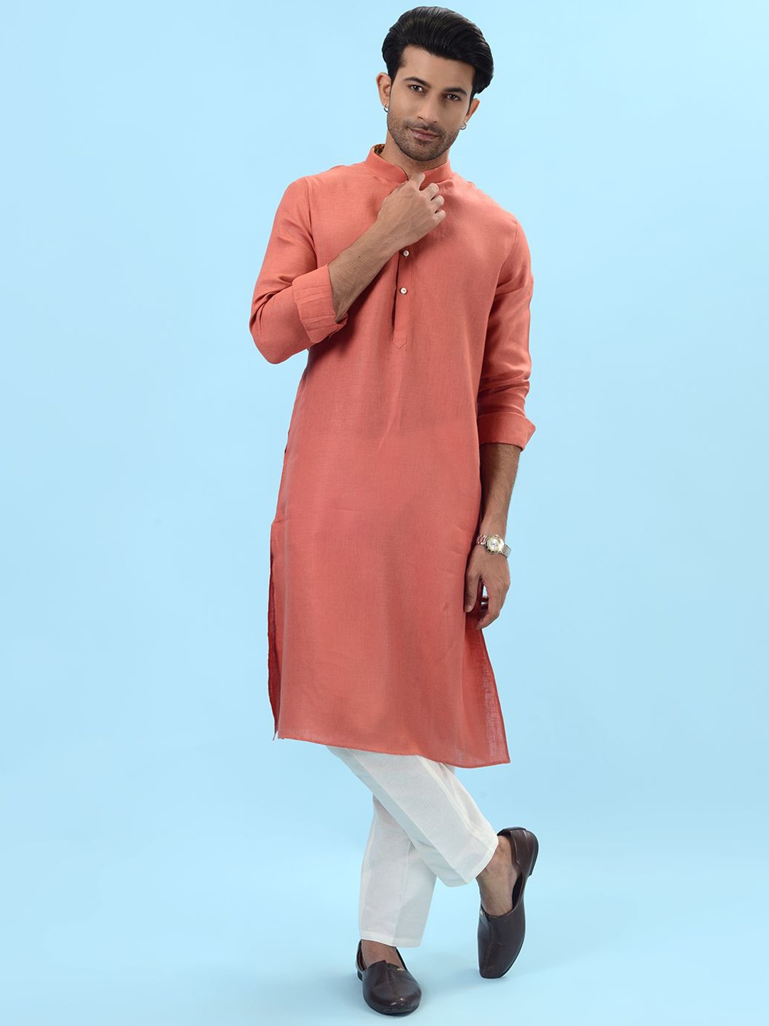 

azania Woven Design Mandarin Collar Cuffed Sleeves Straight Kurta, Orange
