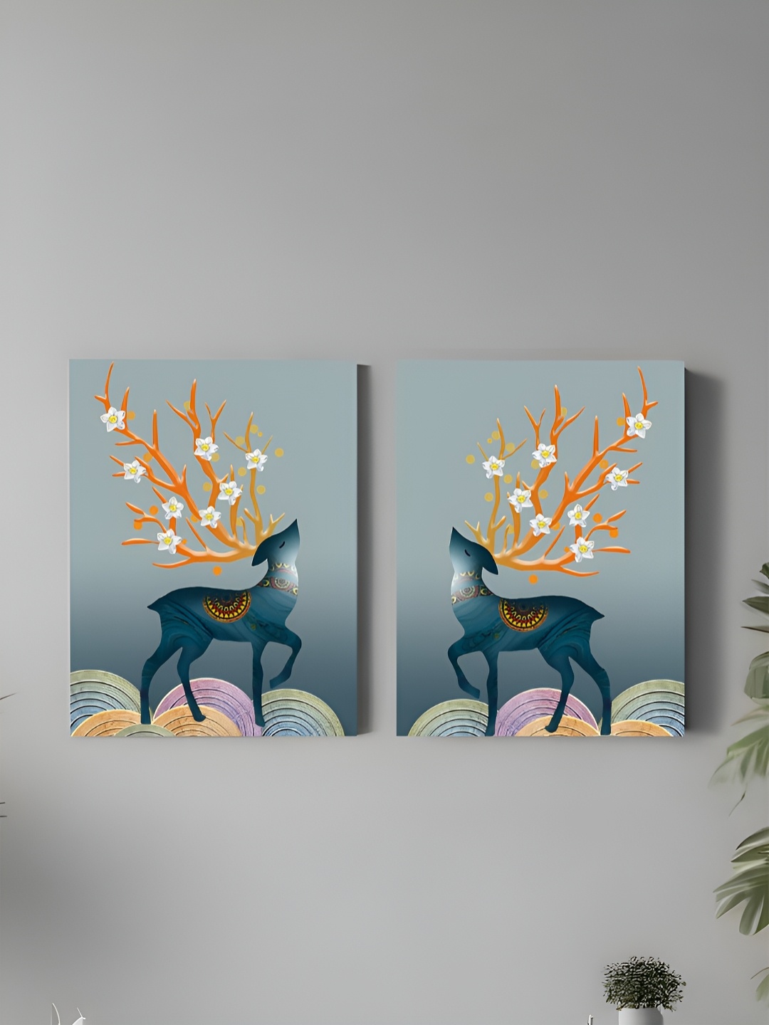 

Art Street Blue & Grey 2 Piece Canvas Deer Landscape Flowers Painting Wall Arts