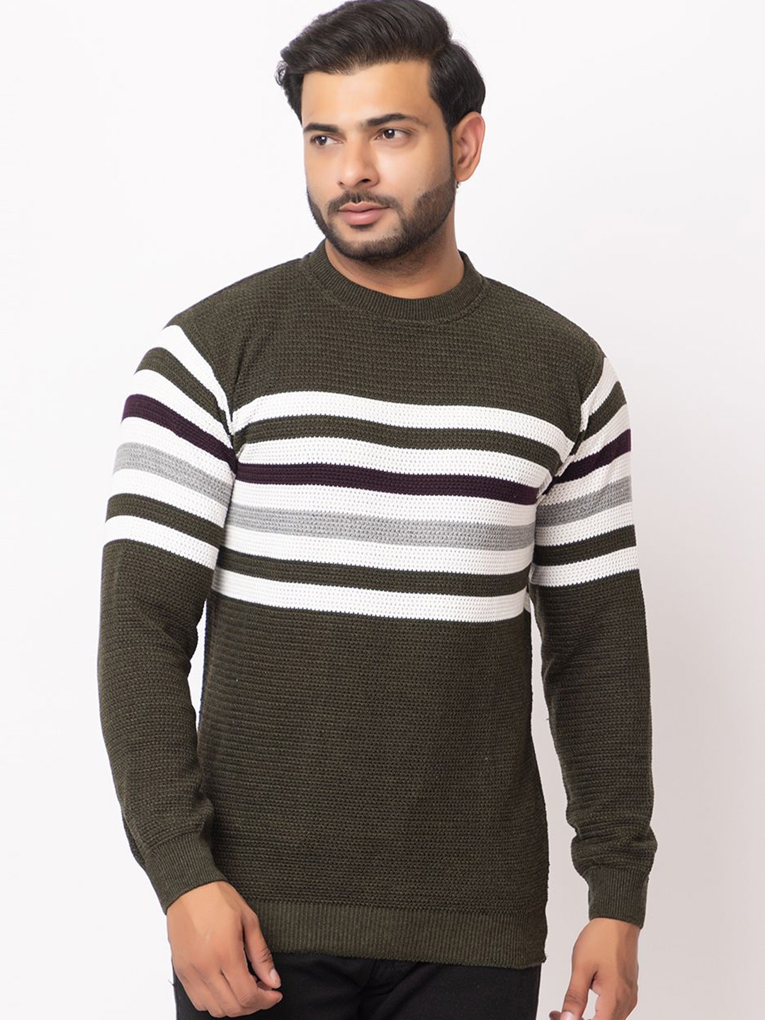 

LO G LO Men Striped Round Neck Pullover Sweater, Olive