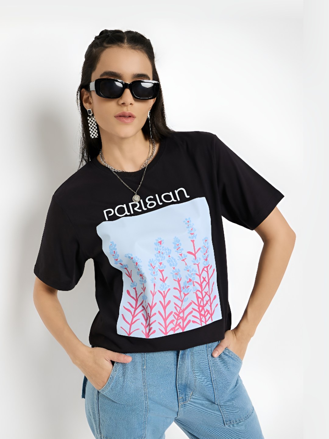 

Mast & Harbour Women Printed Pockets T-shirt, Black