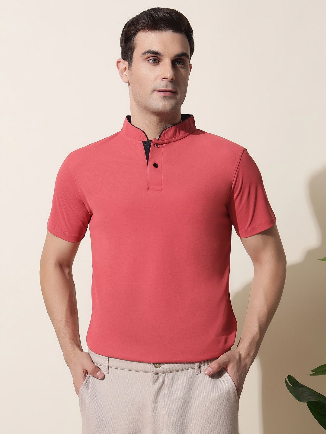

MUWIN Men Mandarin Collar Pockets T-shirt, Red
